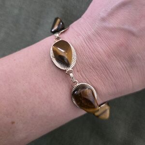 Gorgeous Tiger’s Eye Link Bracelet – Silver Tone Statement Jewelry